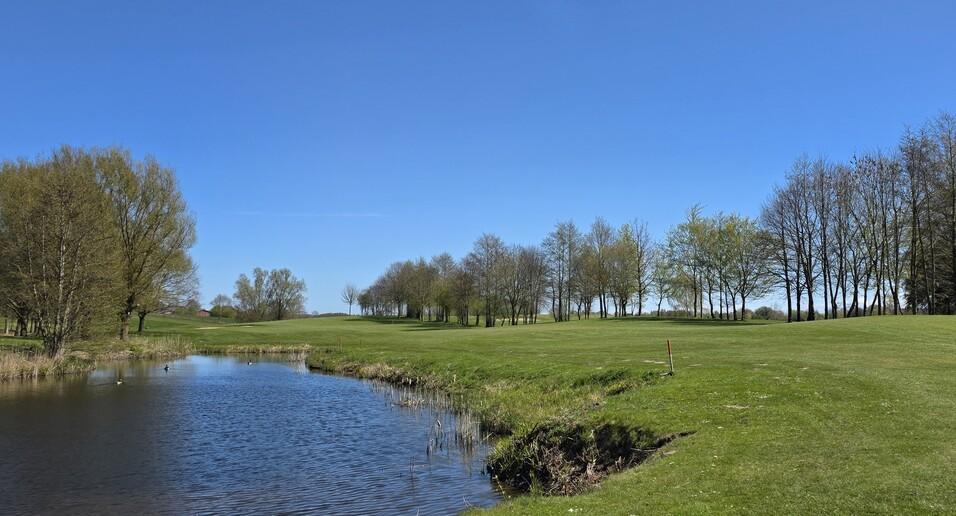 Panorama mit einem ruhigen Gew&auml;sser und einer Wiese, umgeben von B&auml;umen unter einem klaren blauen Himmel.