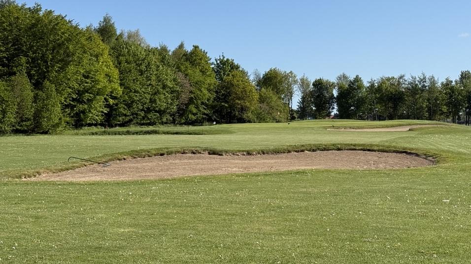 Blick auf ein Golfgr&uuml;n mit Sandbunker und umliegendem Rasen, umgeben von B&auml;umen unter blauem Himmel.