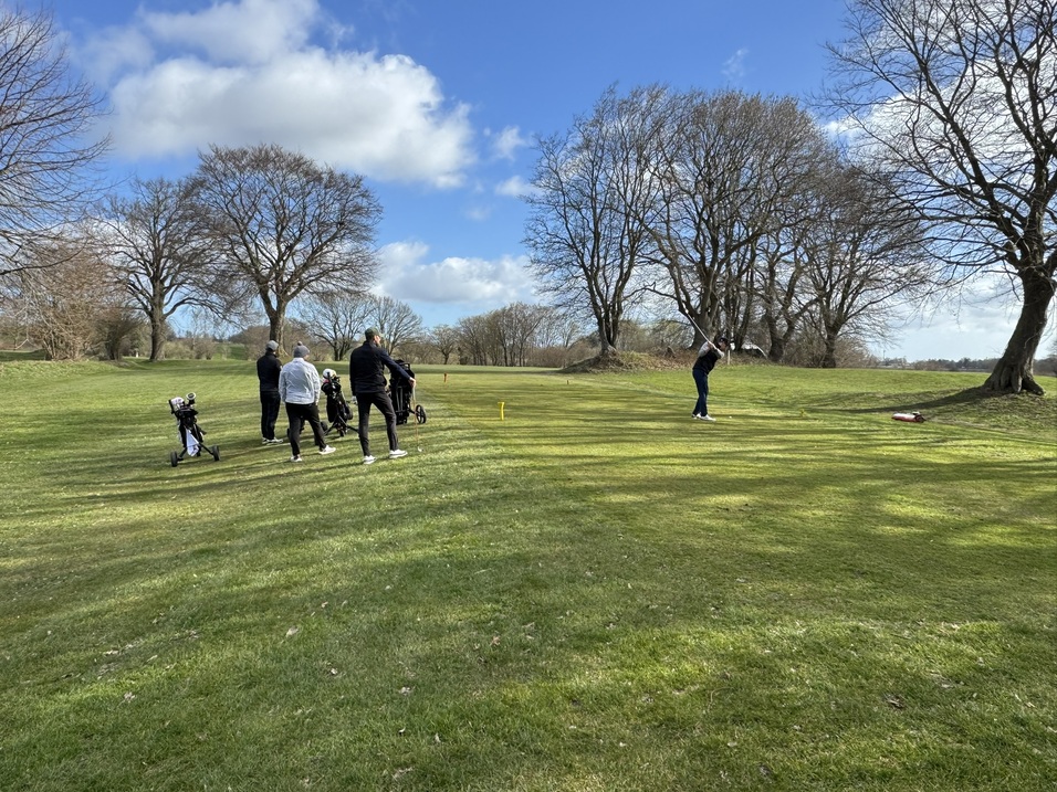 Gruppe von Golfern auf einer Golfbahn mit B&auml;umen und klarem Himmel, w&auml;hrend ein Spieler seinen Abschlag ausf&uuml;hrt.