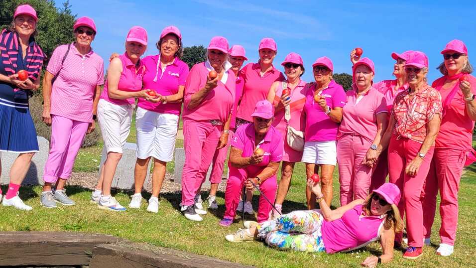 Gruppe von 15 Frauen in pinken Outfits und H&uuml;ten posiert l&auml;chelnd auf einer Wiese unter blauem Himmel.