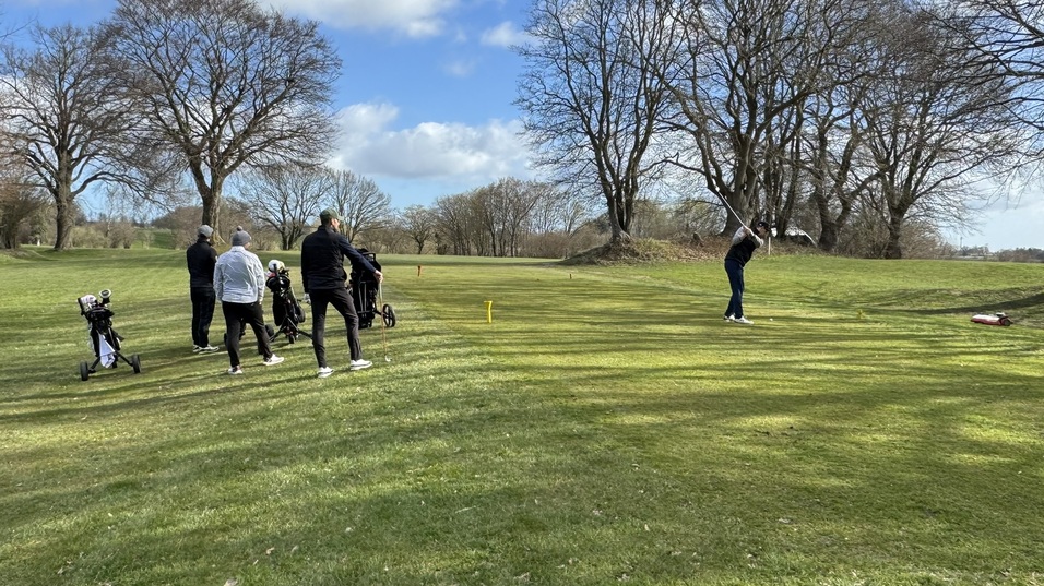 Gruppe von Golfern auf einer Golfbahn mit B&auml;umen und klarem Himmel, w&auml;hrend ein Spieler seinen Abschlag ausf&uuml;hrt.