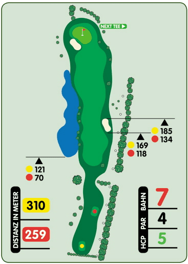 Golfplatzkarte mit einem langen, gebogenen Fairway, einem Wasserhindernis und einem gr&uuml;nem Abschlag mit Distanzmarkierungen.