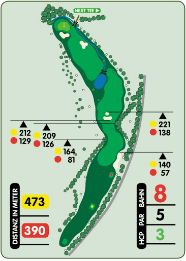 Golfplatzkarte mit Par 5, 473 Meter lang, zeigt Abschl&auml;ge, Fairway und Gr&uuml;ns mit Entfernungsangaben.