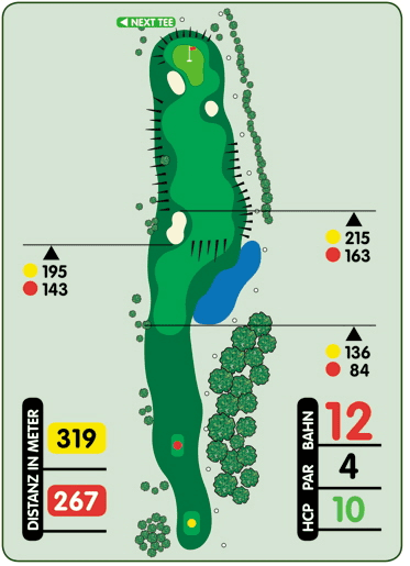 Golfplatzkarte mit einem langen Gr&uuml;n, verschiedenen Tee-Marken und Entfernungen sowie Hindernissen wie B&uuml;schen und Wasser.
