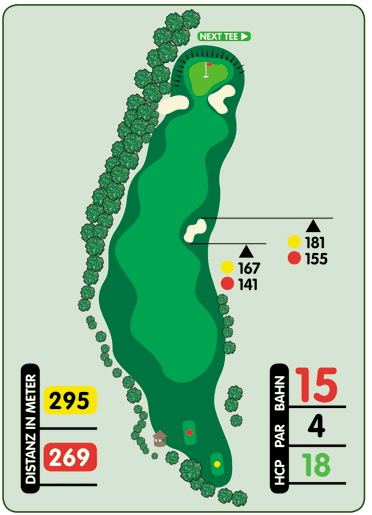 Grafik eines Golfplatzes mit Bahn 15, Par 4, Distanz 295 Meter f&uuml;r Herren und 269 Meter f&uuml;r Damen.