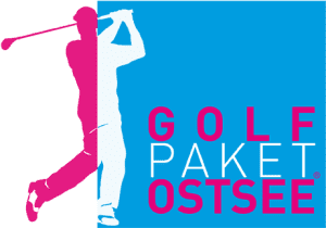 Logo von Golf Paket Ostsee mit golferischer Silhouette in Pink und blauer Hintergrundfarbe.
