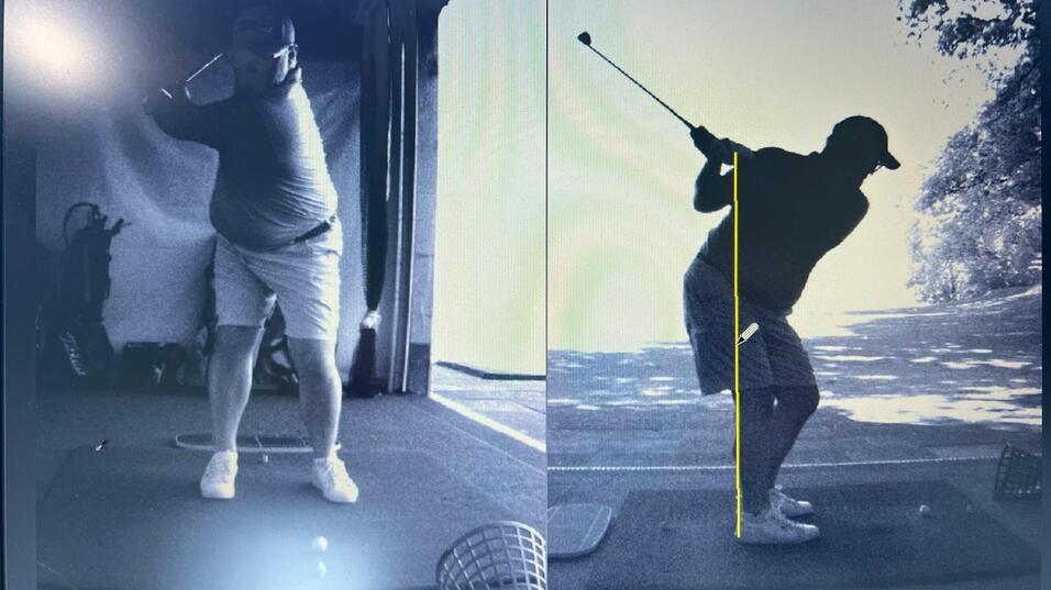 Zwei Schwarz-Wei&szlig;-Bilder eines Golfschwungs, eine Seite zeigt die R&uuml;ckansicht, die andere die seitliche Perspektive.