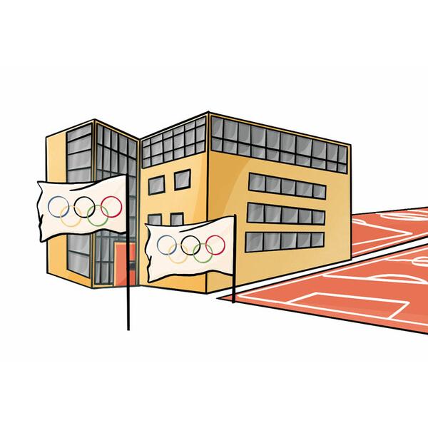 Illustration eines modernen Geb&auml;udes mit Olympiagel&auml;nde, umgeben von Flaggen mit den Olympischen Ringen.