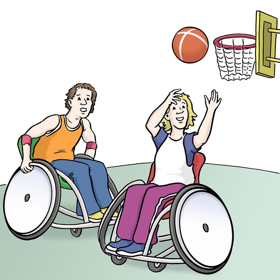 Zwei Kinder im Rollstuhl spielen Basketball; eines wirft einen Ball auf den Korb, das andere beobachtet.