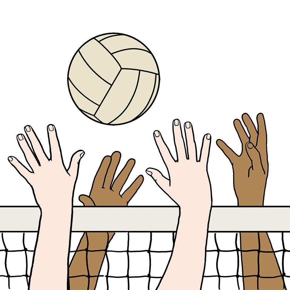 Hände verschiedener Hauttöne heben sich über ein Netz, während ein Volleyball darüber schwebt.