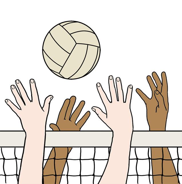 H&auml;nde verschiedener Hautt&ouml;ne heben sich &uuml;ber ein Netz, w&auml;hrend ein Volleyball dar&uuml;ber schwebt.